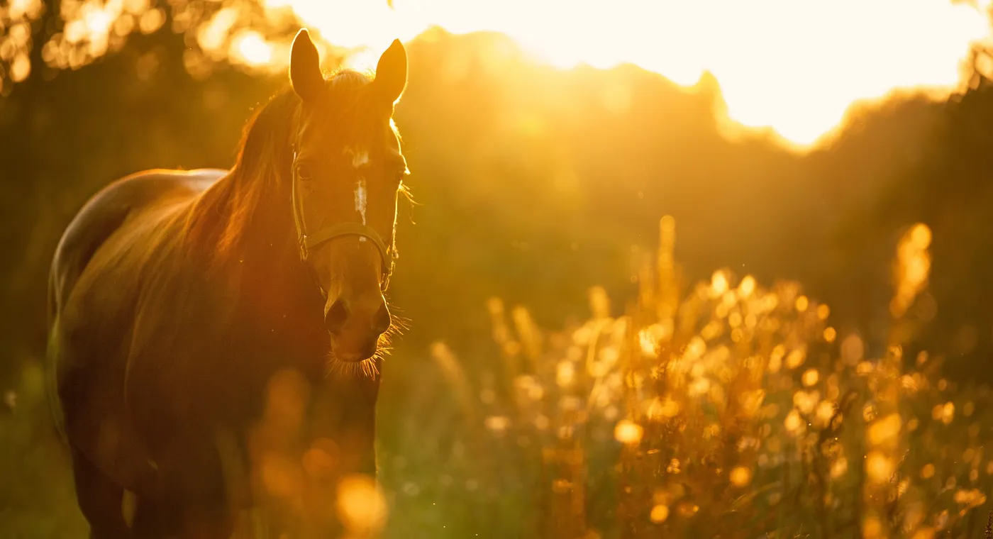 A chestnut horse standing in long grass at sunset, backlit, head and neck at its own natural height
