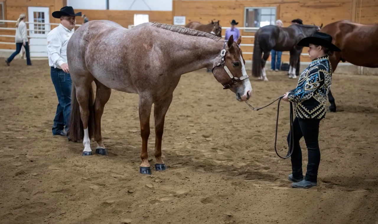 A red roan Quarter Horse standing square for a young handler in a black hat at an indoor halter class
